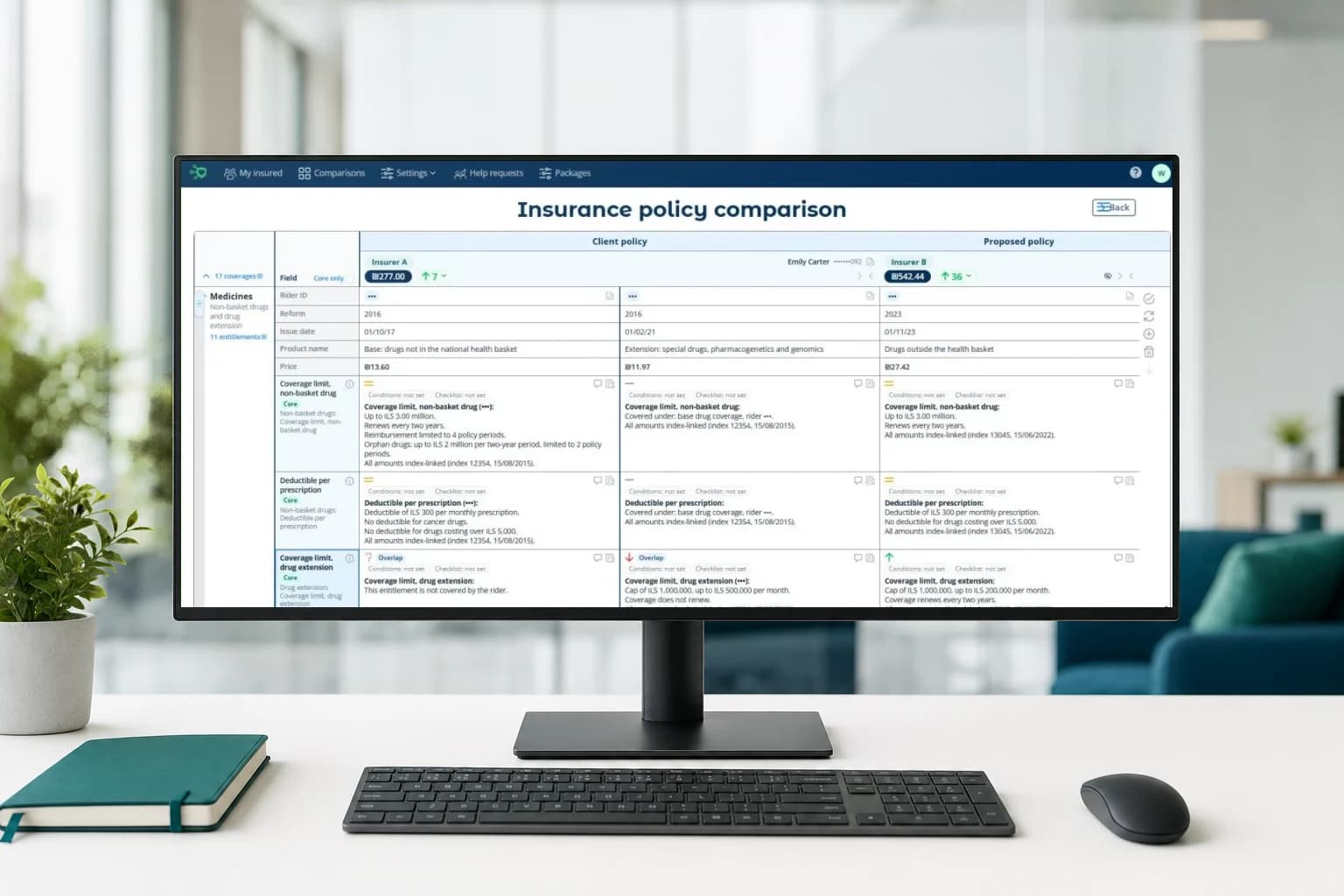 MediMe policy comparison: the client's policy and a proposed policy side by side, entitlement by entitlement, with the policy terms behind each one.