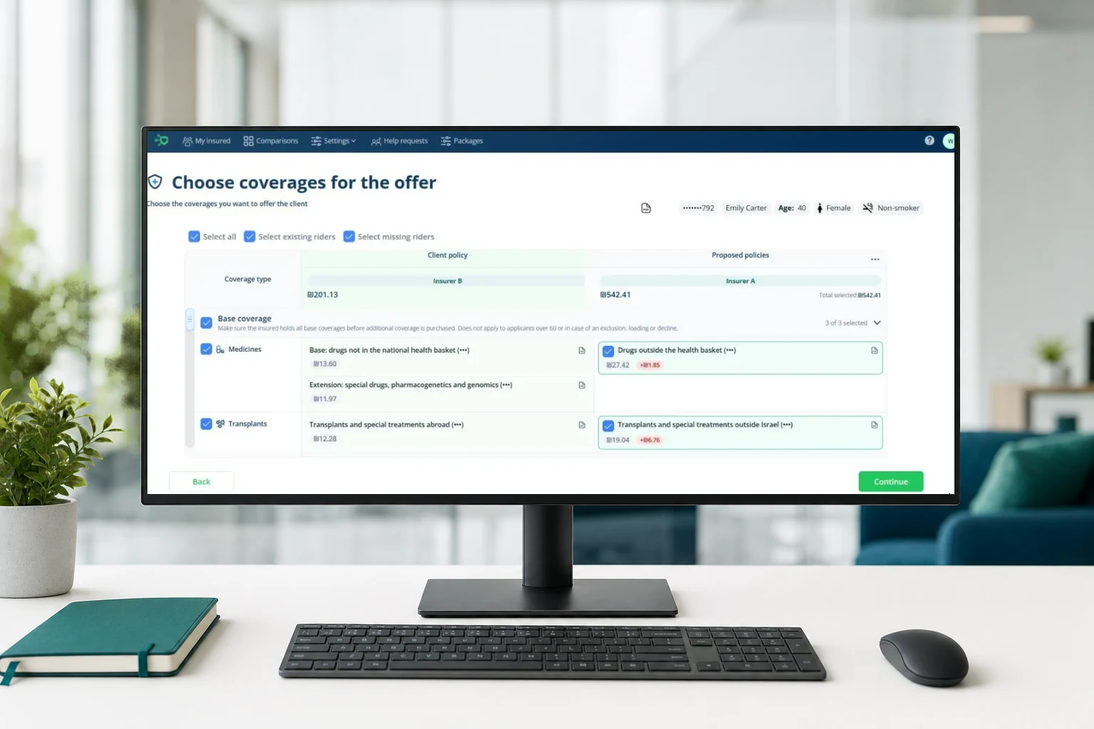 MediMe offer builder: the client's current coverage next to the proposed policy, with the premium difference per coverage.