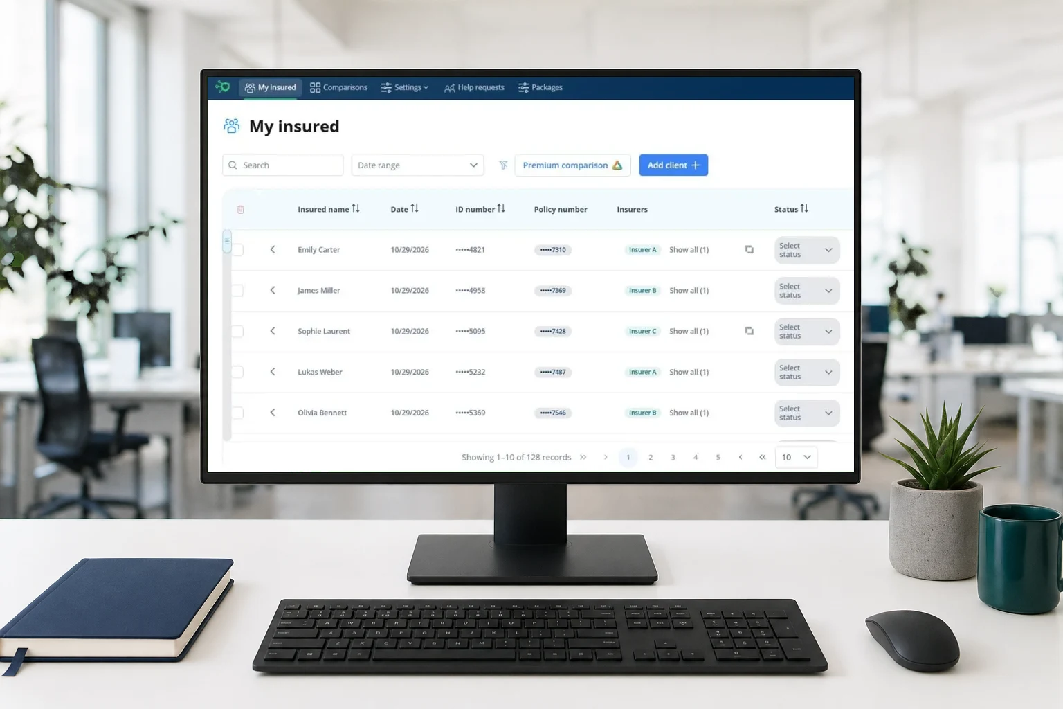 MediMe client list: insured clients with their policies, insurers and status.