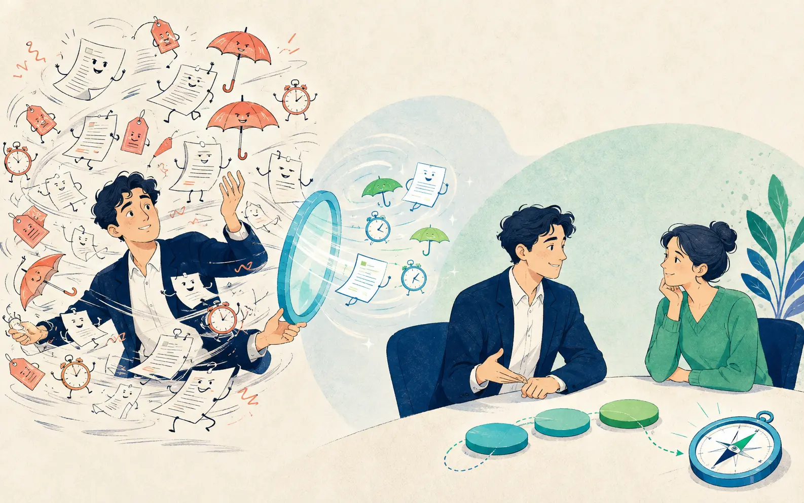 Illustration: an advisor surrounded by policies, clocks and price tags, with MediMe turning the swarm into a compass and a useful conversation.