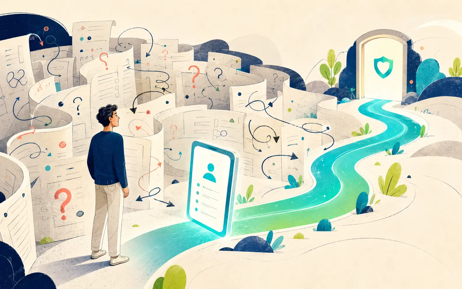 Illustration: a member finds her way out of a maze of policy details onto a clear path to the right next step.